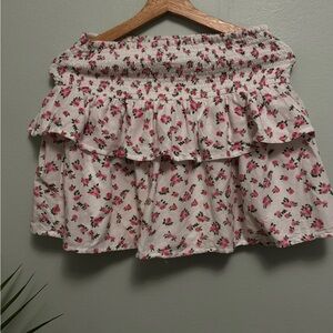 Smocked White Mini Skirt with Pink Floral Print